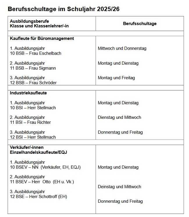 Berufsschultage im Schuljahr 2025/26